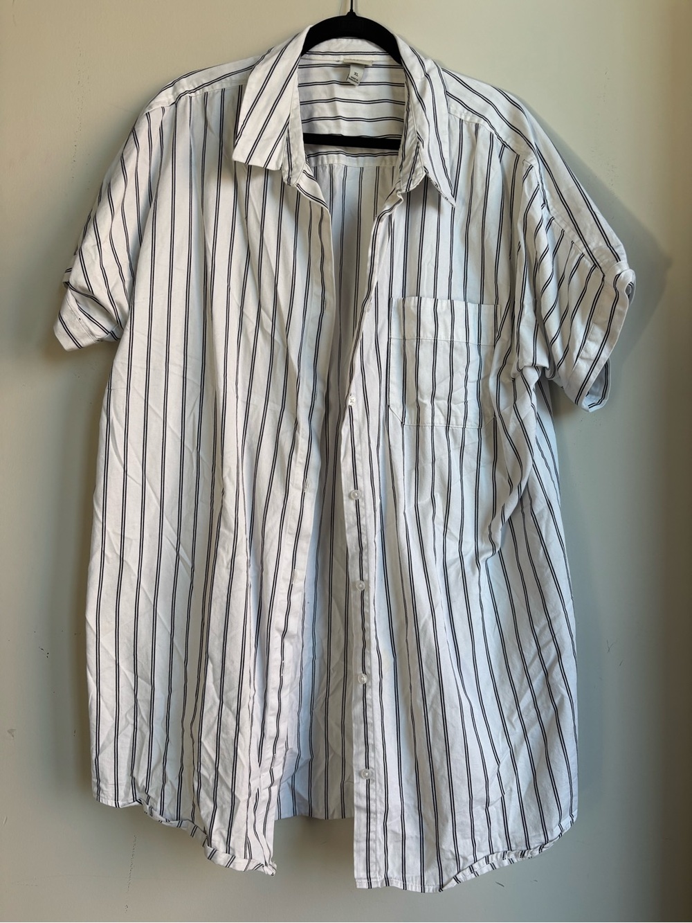 a new day, XL, White Button-Down Shirtdress with Black Vertical Stripes